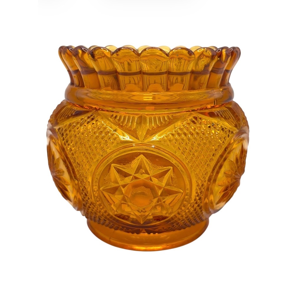 EAPG Amber Glass Vase Candle Holder Star Medallion Scallop Rim Celestial 4.5"